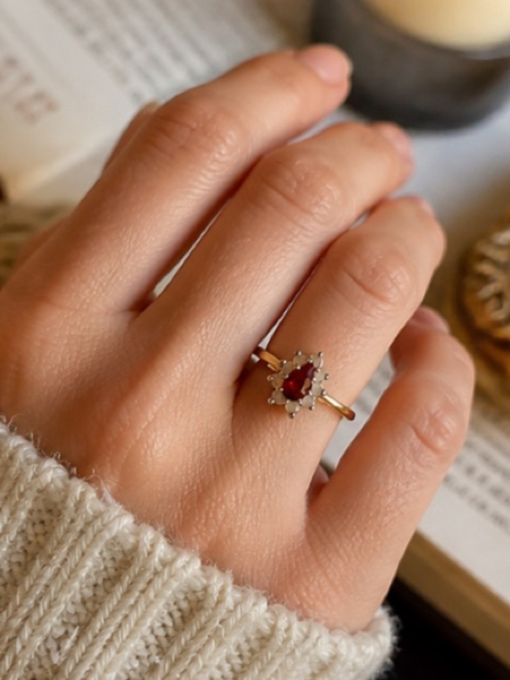 Vintage ESPO 14KT GE Red Stone Cluster Ring Size 6 Gold Tone Floral statement